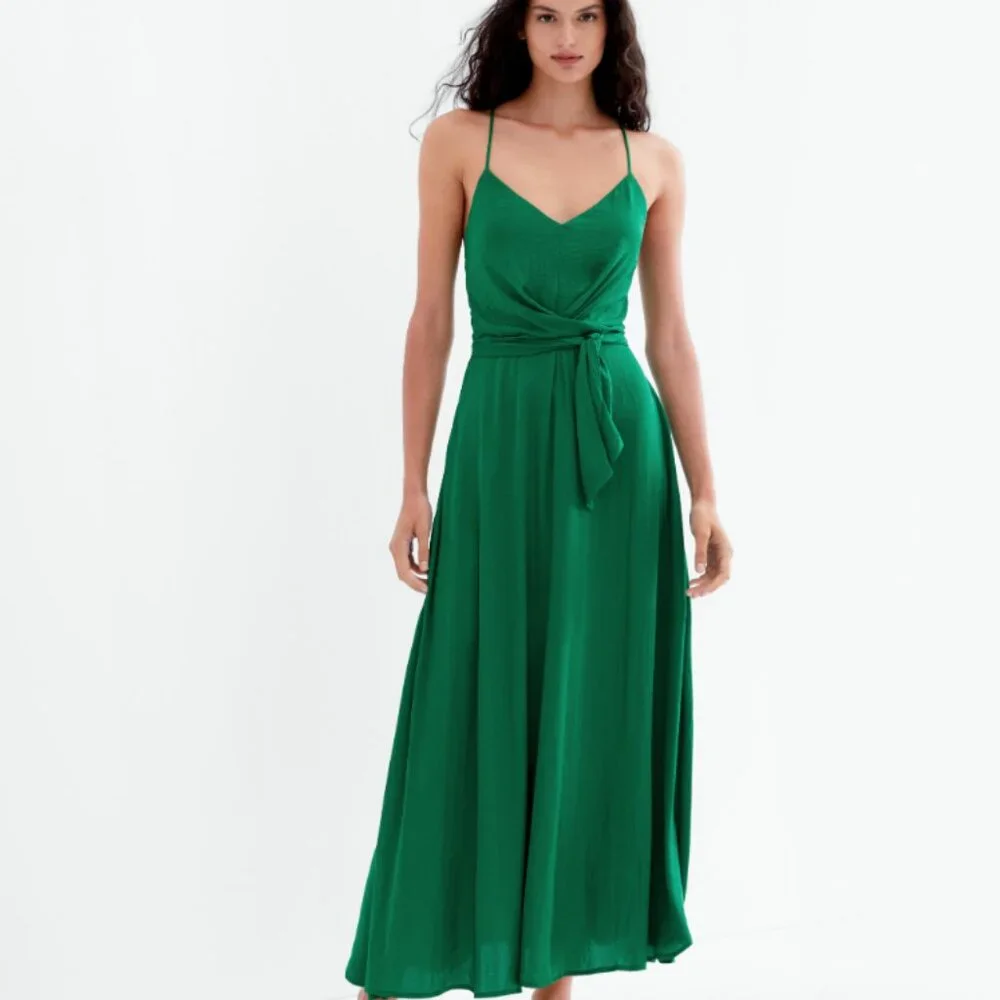 oysho dress green polka dots halter Sage Green & White Polka Dot Print Pleated Halter Neck Dress